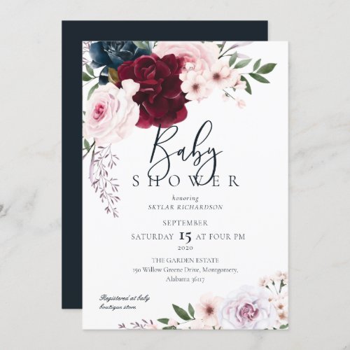 Burgundy  Navy Watercolor Florals Baby Shower Invitation