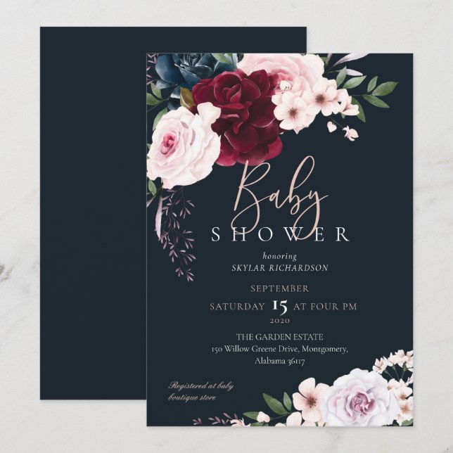 Burgundy & Navy Watercolor Florals Baby Shower Invitation (Front/Back)