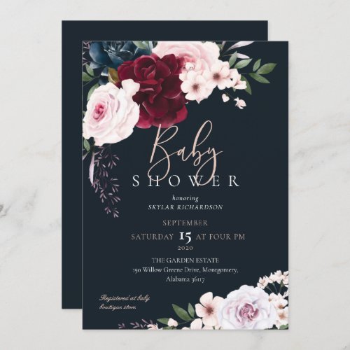 Burgundy  Navy Watercolor Florals Baby Shower Invitation