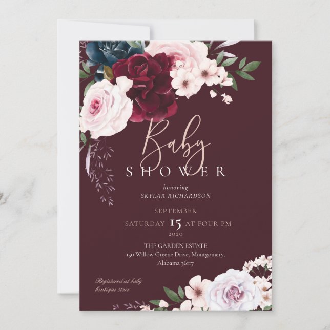 Burgundy & Navy Watercolor Florals Baby Shower Invitation (Front)
