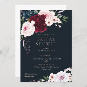 Burgundy Navy Watercolor Florals Bridal Shower Invitation