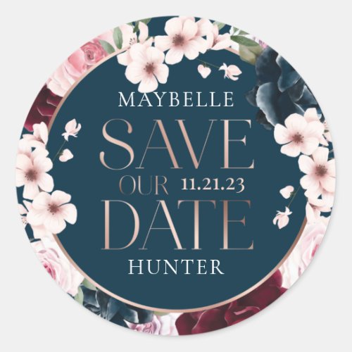 Burgundy  Navy Watercolor Florals Save The Date Classic Round Sticker