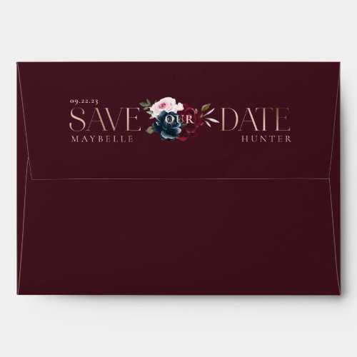 Burgundy  Navy Watercolor Florals Save The Date Envelope