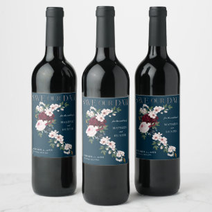 Burgundy & Navy Watercolor Florals Save The Date Wine Label
