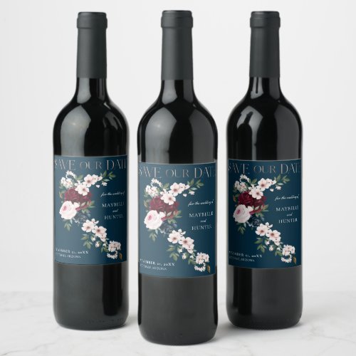 Burgundy  Navy Watercolor Florals Save The Date Wine Label