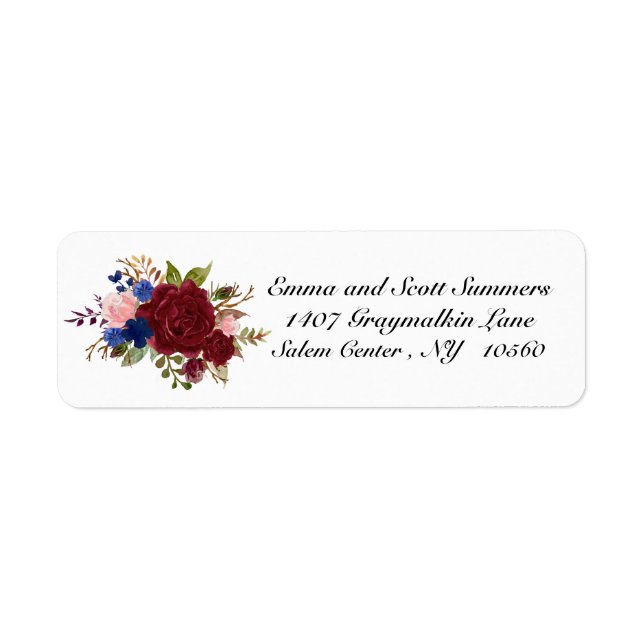 Burgundy Navy Watercolor Flower Address Label (Front)