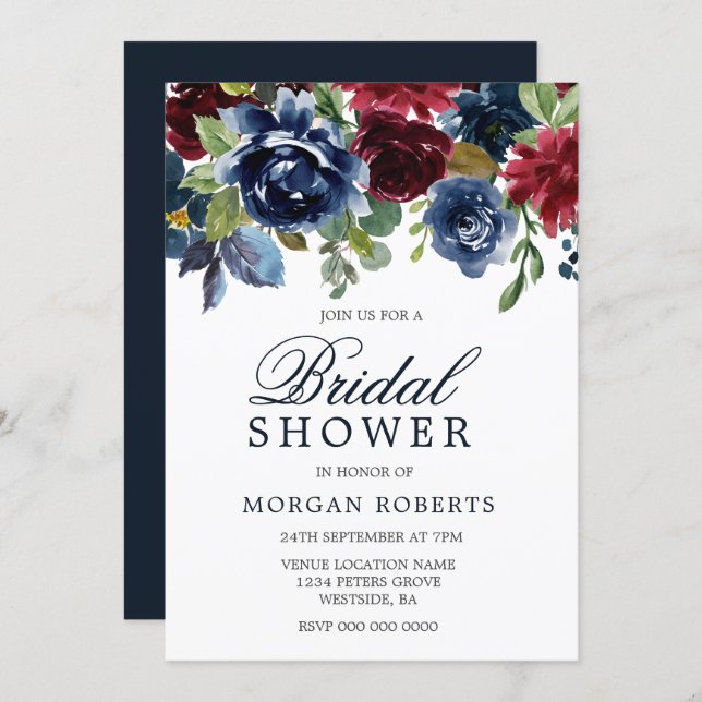 Burgundy & Navy Watercolor Flowers Bridal Shower Invitation (Front/Back)