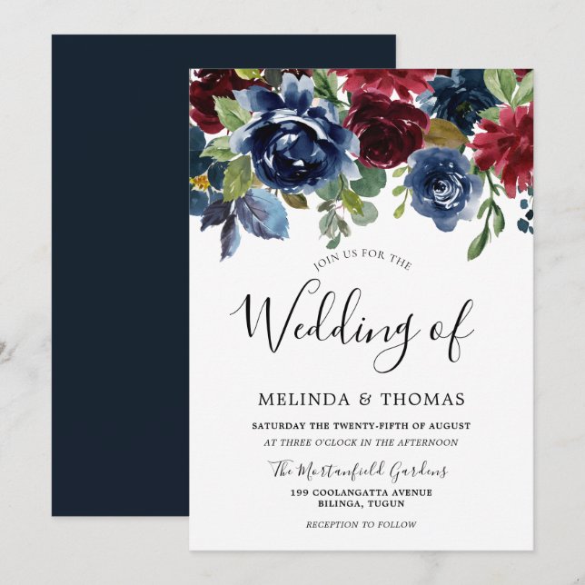 Burgundy & Navy Watercolor Flowers Fall Wedding Invitation (Front/Back)