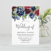 Burgundy & Navy Watercolor Flowers Fall Wedding Invitation (Standing Front)
