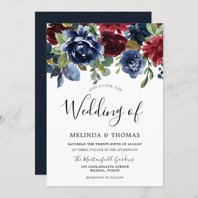 Burgundy & Navy Watercolor Flowers Fall Wedding Invitation (Front/Back)
