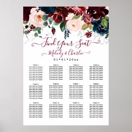 BURGUNDY NAVY WATERCOLOR FLOWERS SEATING CHART