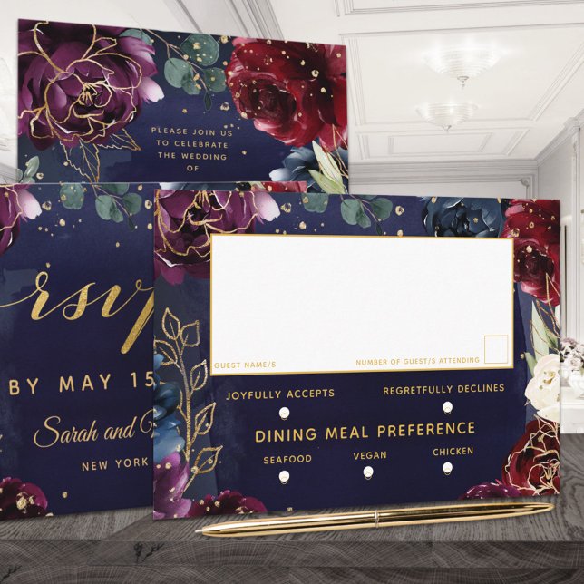 Burgundy Navy Wedding 3 Meal Choice RSVP Card (Creator Uploaded)