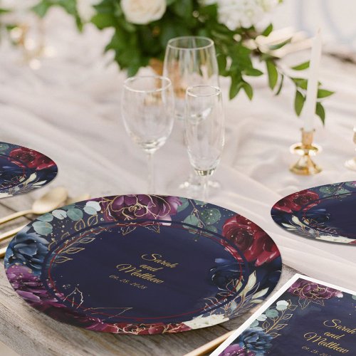 Burgundy Navy Wedding 9 Inch Dinner Paper Plates