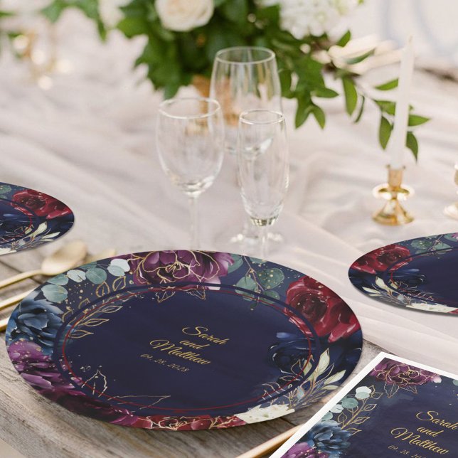 Burgundy Navy Wedding 9 Inch Dinner Paper Plates (Creator Uploaded)