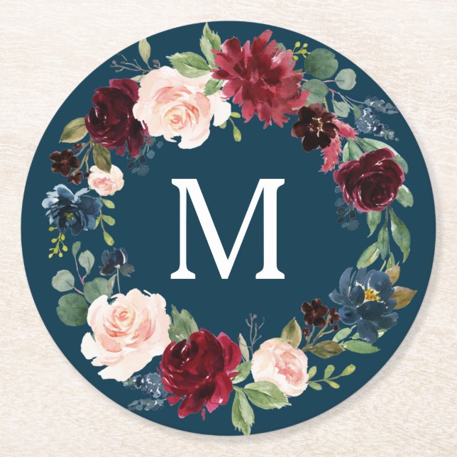 Burgundy Navy Wedding Coasters (Front)
