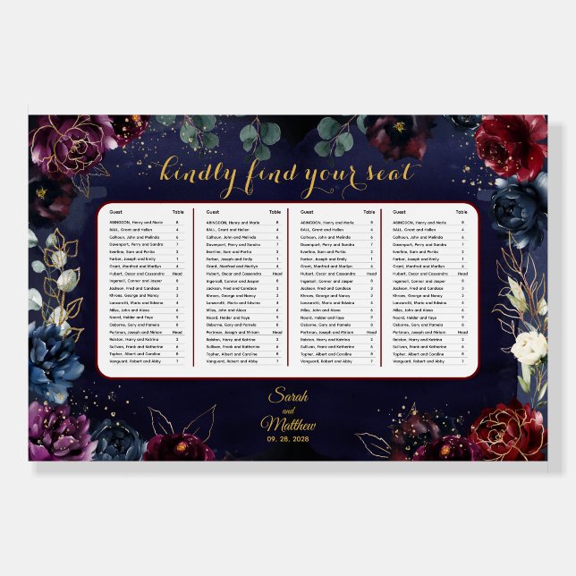 Burgundy Navy Wedding Guest Table Seating Chart Foam Board (Front)