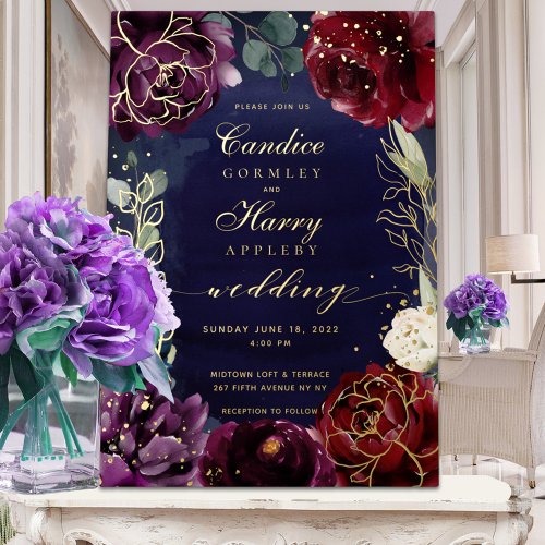 Burgundy Navy Wedding II Gold Foil Invitation