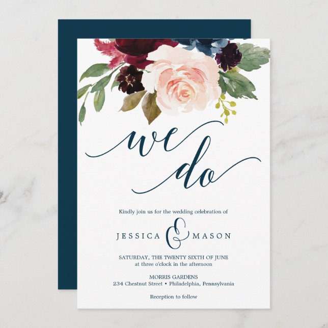 Burgundy Navy Wedding Invitation (Front/Back)