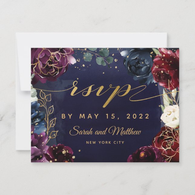 Burgundy Navy Wedding Mail Back RSVP Card (Front)