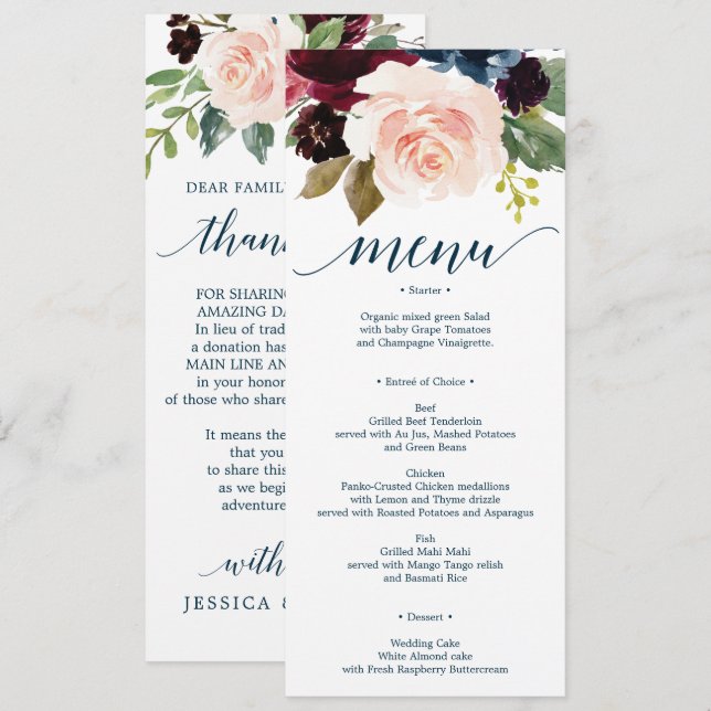 Burgundy Navy Wedding Menu and Thank You Invitation (Front/Back)