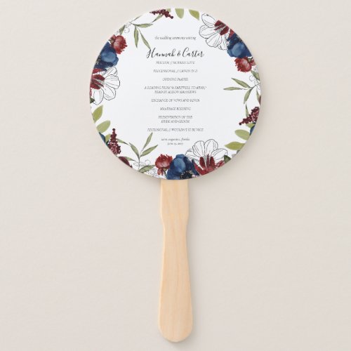 Burgundy Navy Wedding Program  Hand Fan