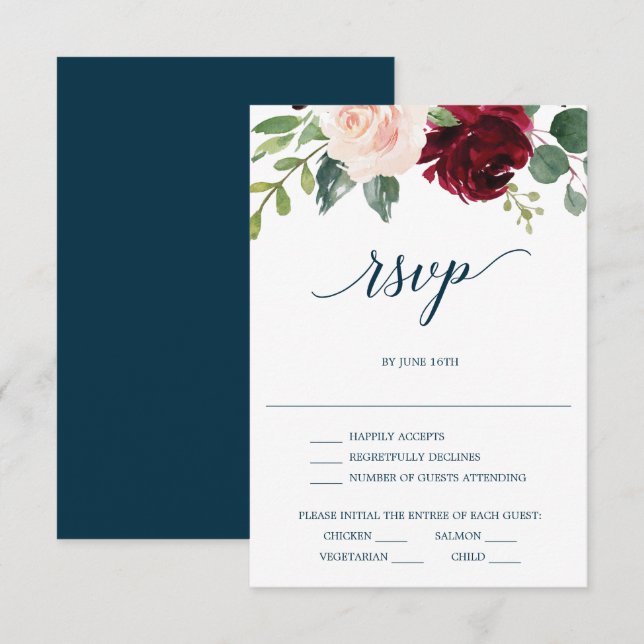 Burgundy Navy Wedding RSVP Card (Front/Back)