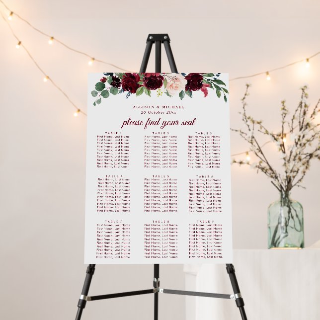 burgundy navy wedding seating chart foam board (In Situ (Stand))