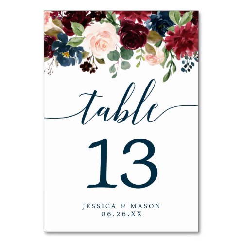 Burgundy Navy Wedding Table Numbers Double Sided