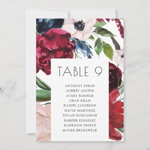 Burgundy  Navy Wedding Table Seating Chart Cards