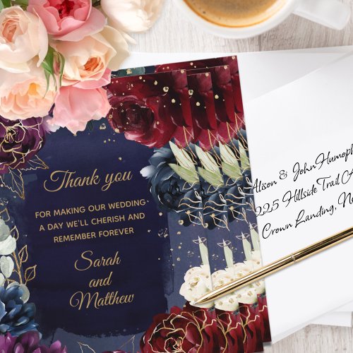 Burgundy Navy Wedding Thank You Card