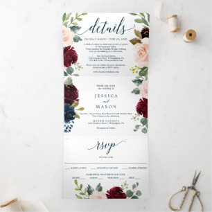 Burgundy Navy Wedding Tri-Fold Invitations