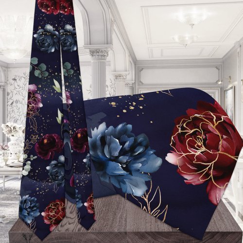 Burgundy Navy Wedding Watercolor Floral Elegant Neck Tie