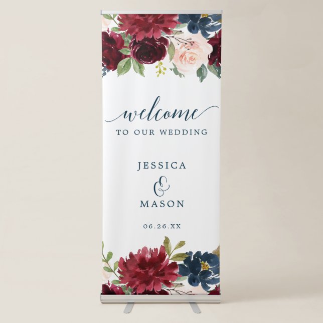 Burgundy Navy Wedding Welcome Banner with Stand (Front)