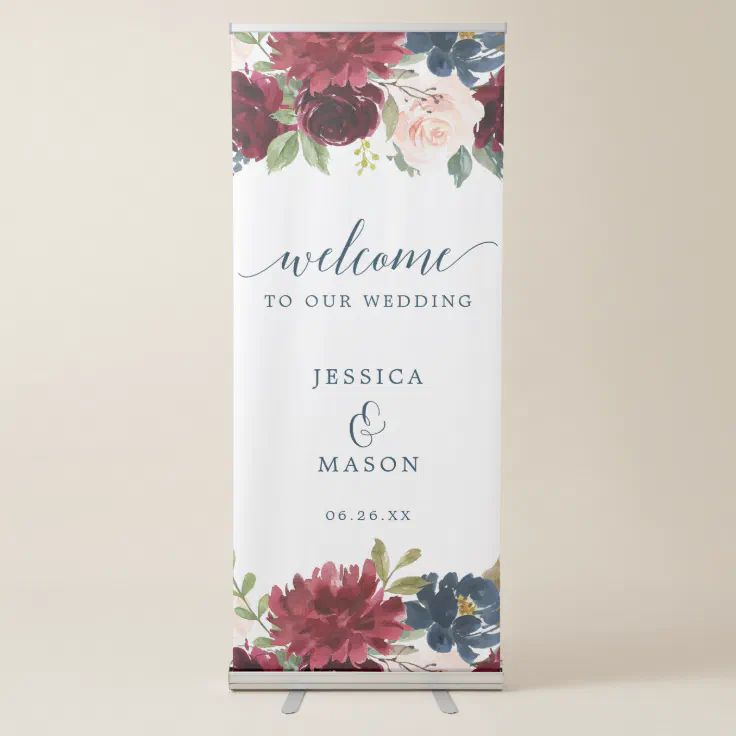 Burgundy Navy Wedding Welcome Banner with Stand | Zazzle