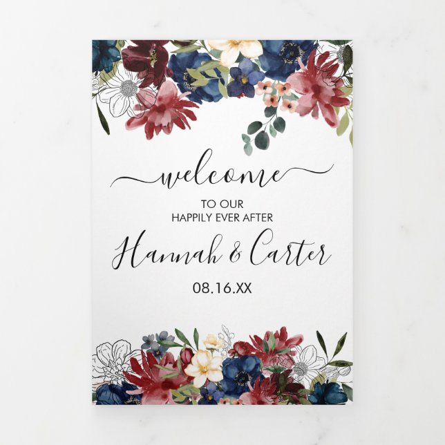 Burgundy Navy Wedding Welcome Letter & Itinerary Tri-Fold Program (Cover)