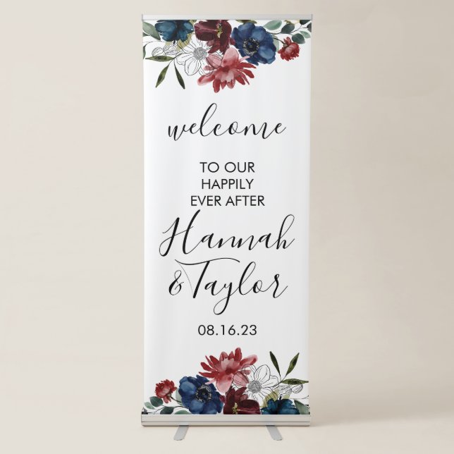 Burgundy Navy Wedding Welcome Retractable Banner (Front)