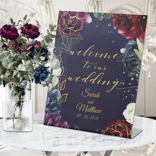 Burgundy Navy Welcome To Our Wedding II Pedestal Sign