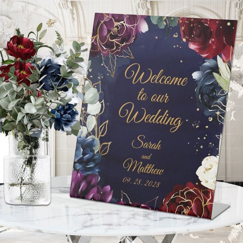Burgundy Navy Welcome To Our Wedding Pedestal Sign