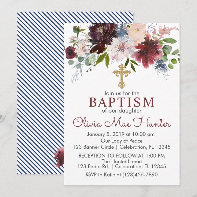 Burgundy & Navy Winter Florals Baptism Invitation (Front/Back)