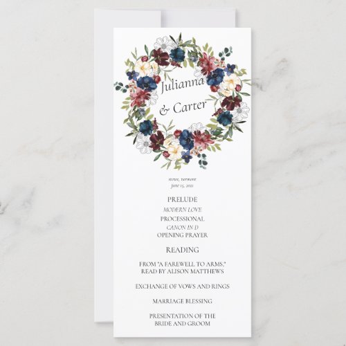 Burgundy Navy Wreath Wedding Ceremony Program