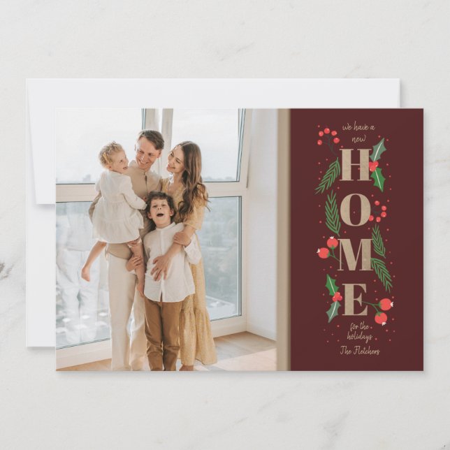 Burgundy New Home for Holidays Photo Moving Holiday Card (Front)