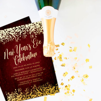 Burgundy New Year’s Eve Party Gold Confetti  Foil Invitation by TheSpottedOlive at Zazzle
