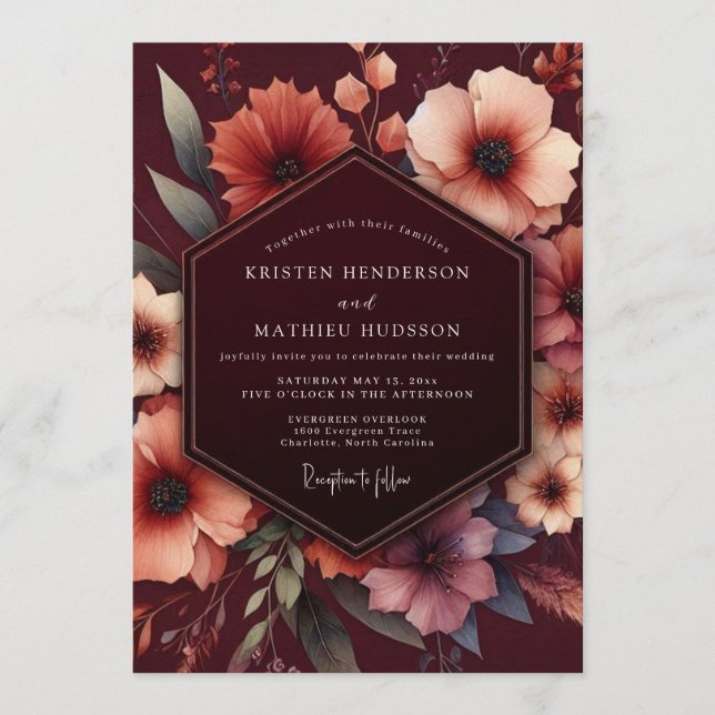 Burgundy Nocturnal Bloom Wedding Invitation (Front)