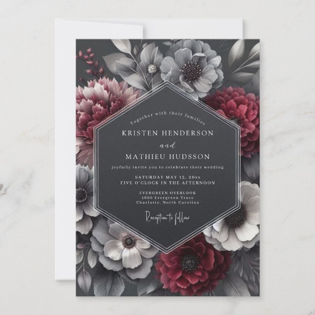 Burgundy Nocturne Flora Wedding Invitation (Front)