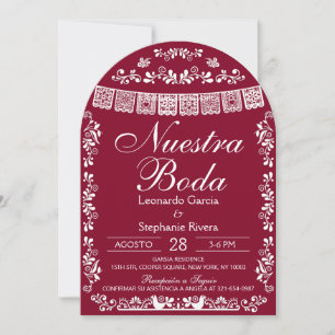 Burgundy Nuestra Boda Papel Picado Spanish Wedding Invitation
