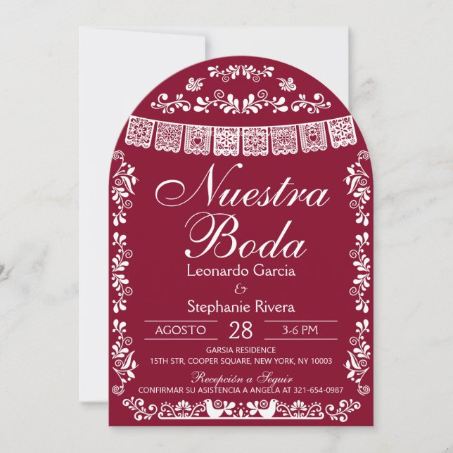 Burgundy Nuestra Boda Papel Picado Spanish Wedding Invitation (Front)