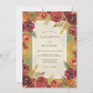 Burgundy Ochre Foliage Grey Eucalyptus Wedding Invitation