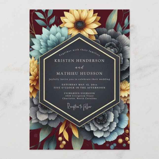 Burgundy Ochre Rich Floral Wedding Invitation (Front)