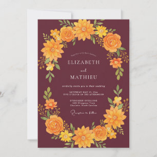 Burgundy Ochre Sunflower Eucalyptus Wedding Invitation