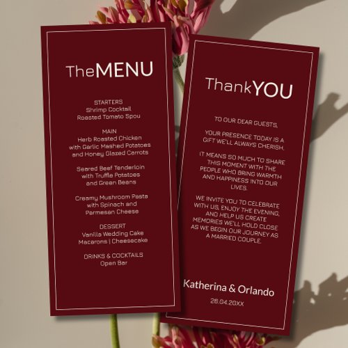 Burgundy Old Money Wedding Menu Thank You Note